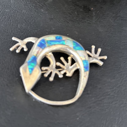 Navajo White Blue Opal Lizard Pin Pendant Inlay Gecko Sterling Silver 14336