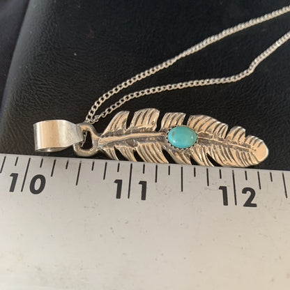 Womens Navajo Blue Turquois Sterling 16" Necklace Feather Pendant 13686