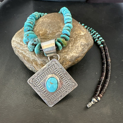 Navajo Blue Turquoise Stamped Pendant Shell Sterling Silver 29” Necklace 19704