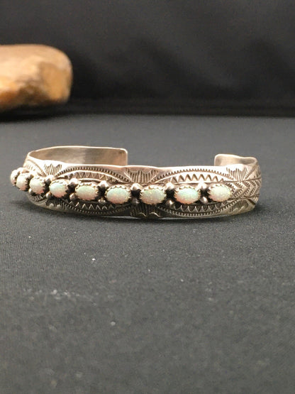 White Opal Navajo Sterling Silver Native American Cuff Bracelet 4734