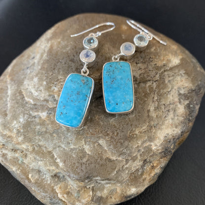 Womens Blue Kingman Turquoise Navajo Sterling Silver Earrings 12036