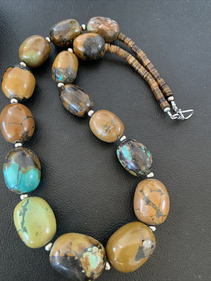 Green Chunky Turquoise Graduated Navajo Sterling Silver Necklace 20" 02113