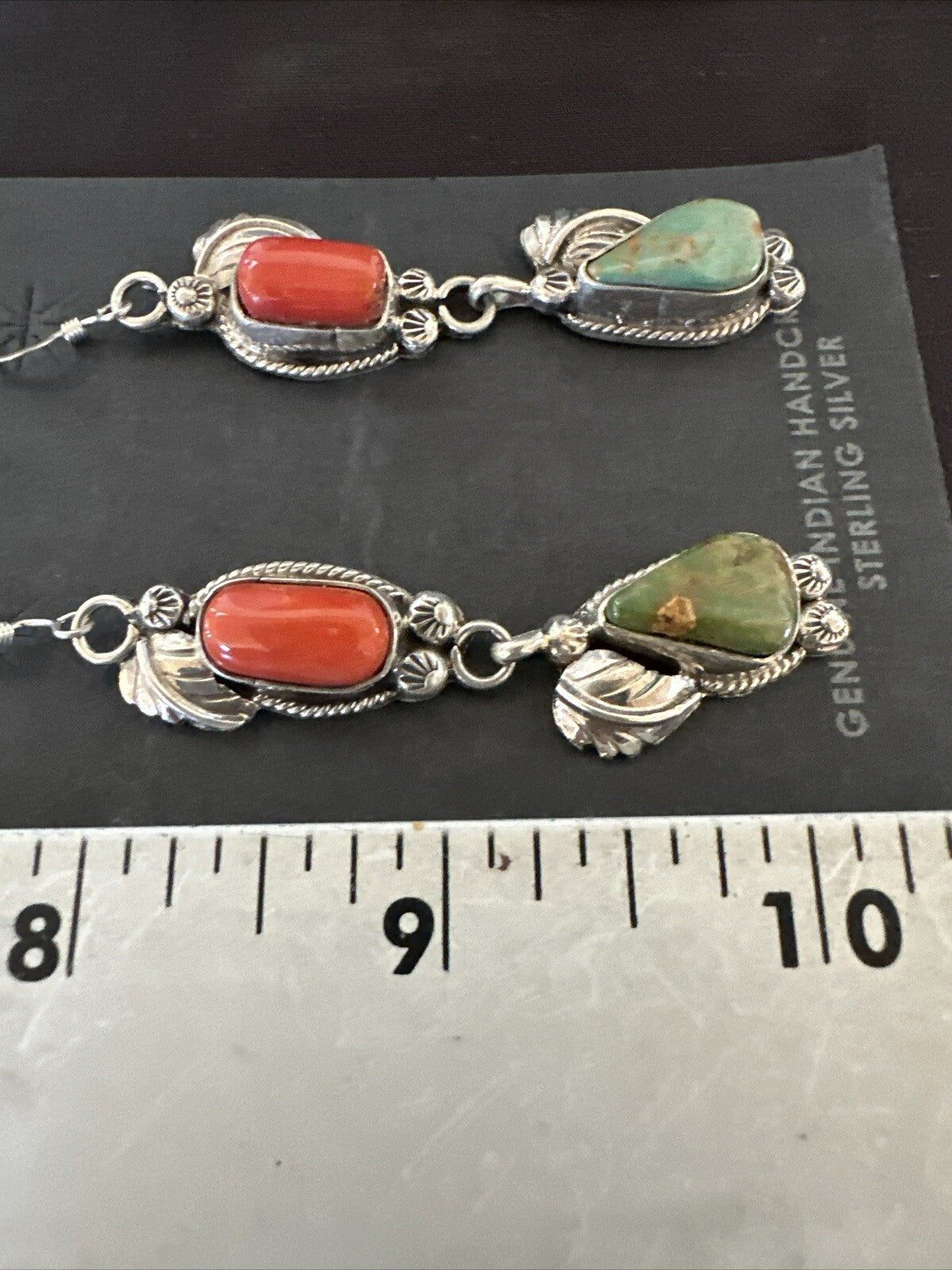 Green Royston Turquoise Red Coral Navajo Sterling Silver Dangle Earrings 1634