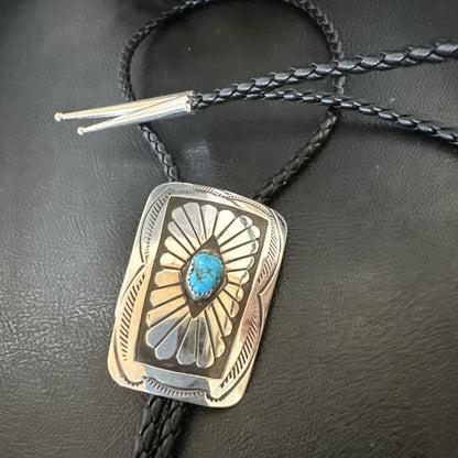 Mens Blue Kingman Turquoise Stamped Navajo Sterling Silver Bolo Tie 2” 19302