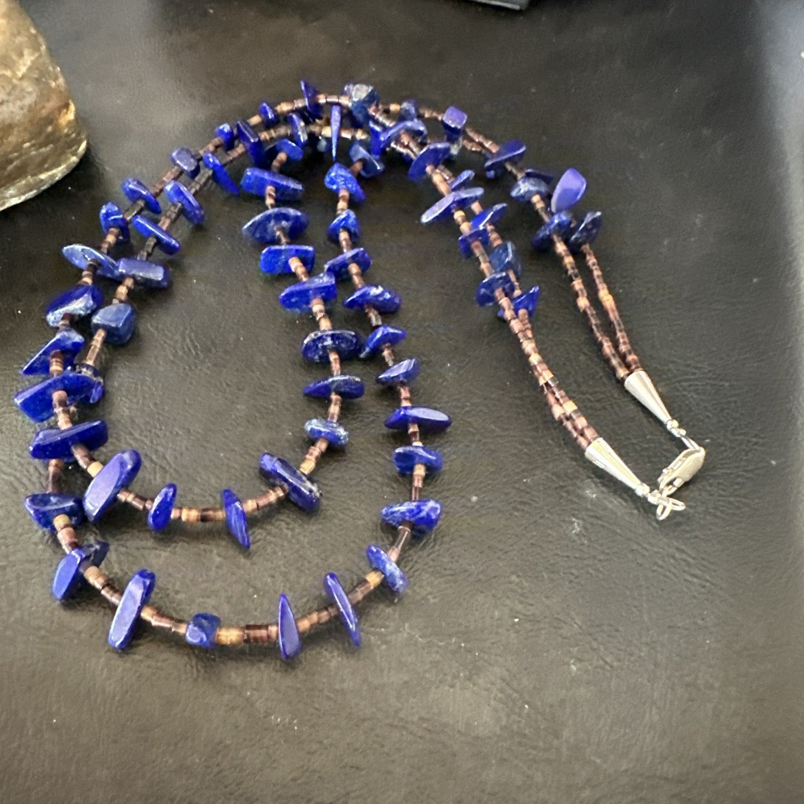 Blue Lapis Lazuli Shell Multi Strand Navajo Sterling Silver Necklace 21" 19722
