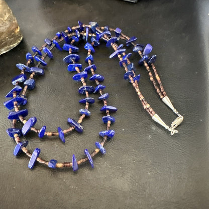 Blue Lapis Lazuli Shell Multi Strand Navajo Sterling Silver Necklace 21" 19722