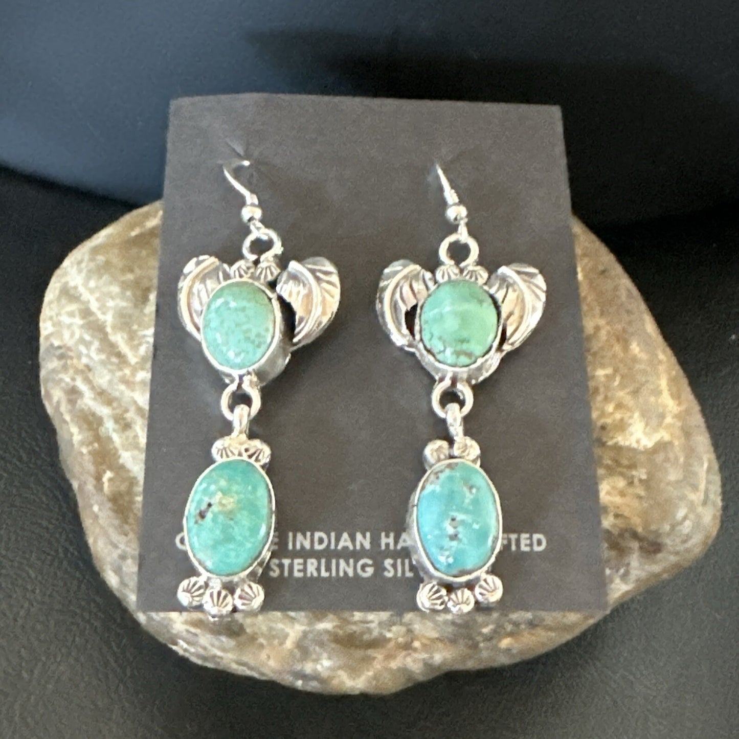 Navajo Green Turquoise Sterling Silver Dangle Earrings 2” 18044