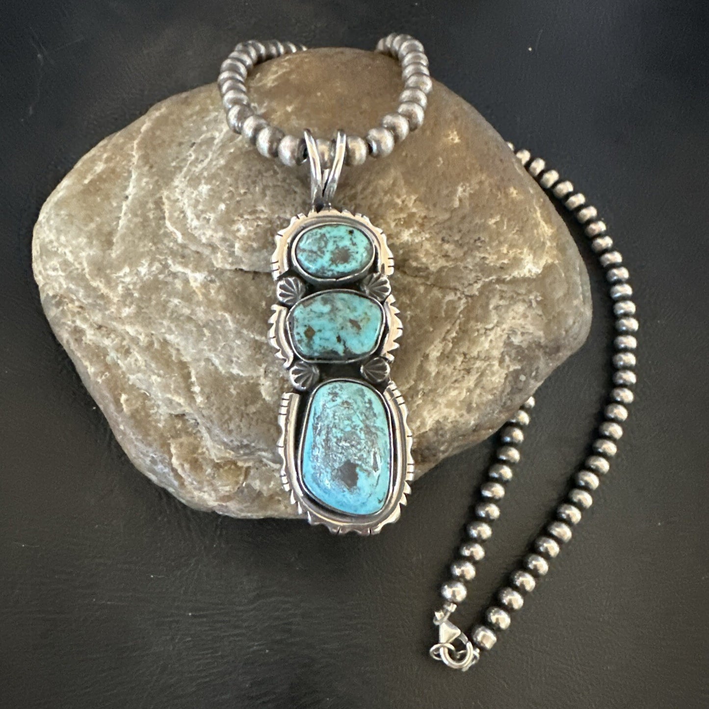 Blue Kingman Turquoise 3 Stone Navajo Sterling Silver Cluster Pendant 17633