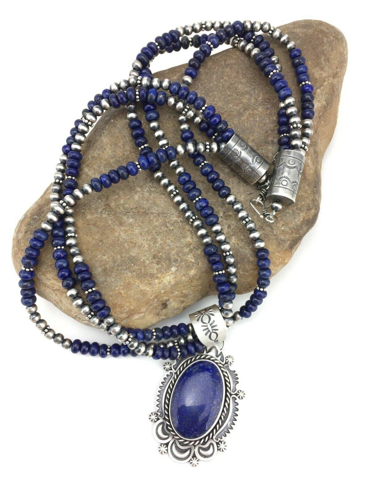 Native America Navajo Sterling Silver Lapis Lazuli Necklace Pendant 01273