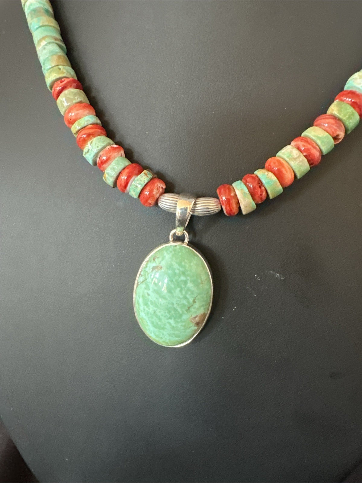 Green Turquoise Pendant Spiny Navajo Sterling Silver Heishi Necklace 21" 19204