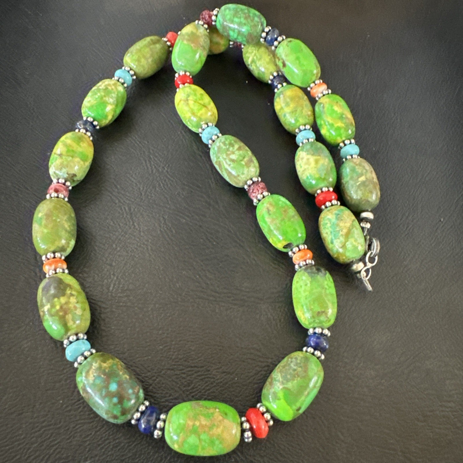 Green Turquoise Multicolor Southwestern Sterling Silver Necklace 22" 19247