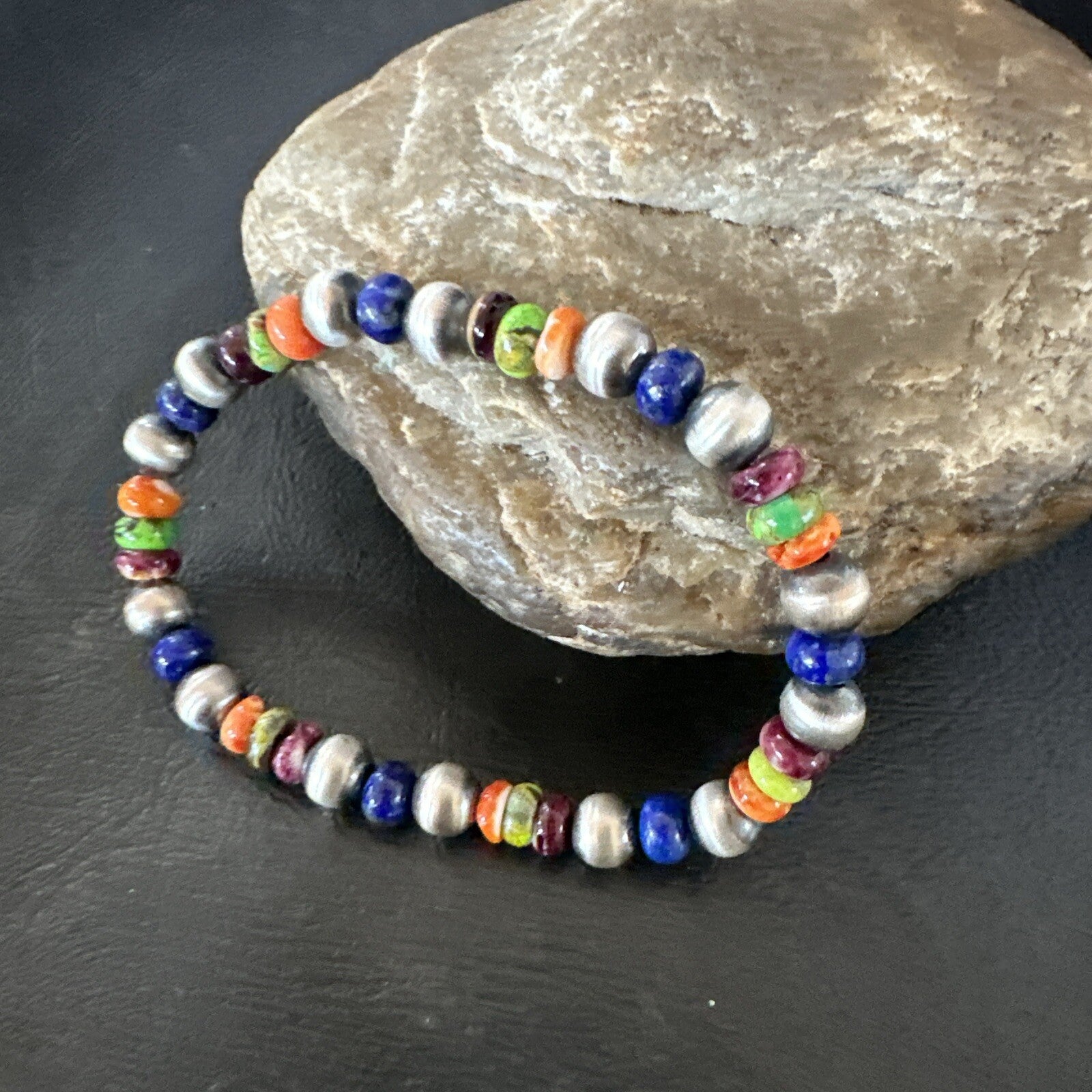 Multicolor Lapis Turquoise Stretch Bead Bracelet Navajo Sterling Silver 17907