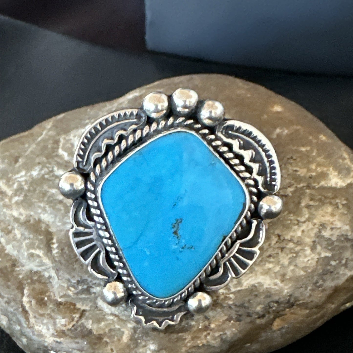 Handmade Navajo Sterling Silver  Blue Kingman Turquoise Ring Size 9.75 19622