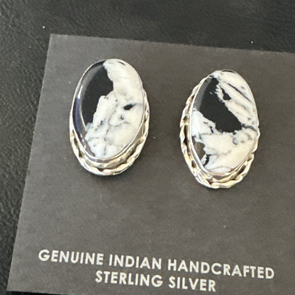 Women White Buffalo Turquoise Navajo Sterling Silver Post Earrings 19096