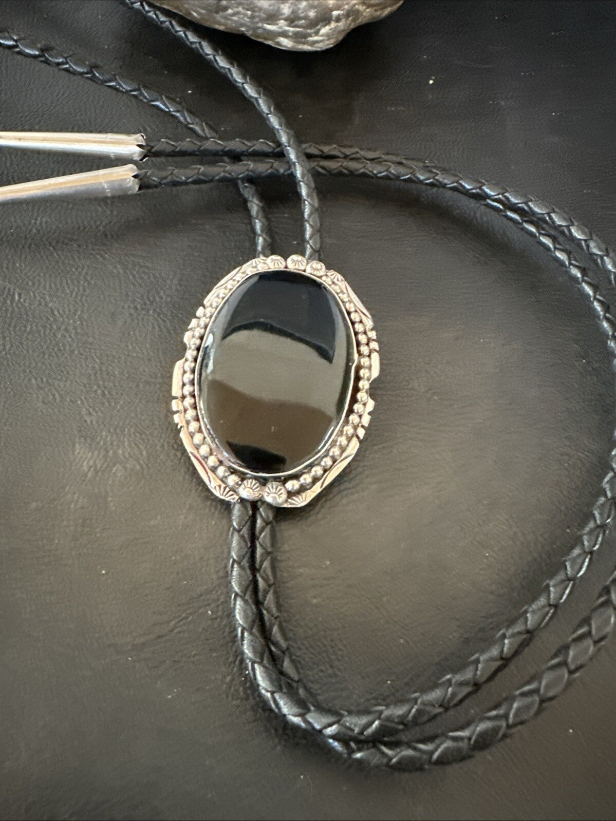 Mens Black Onyx Navajo Sterling Silver Bolo Tie 18663
