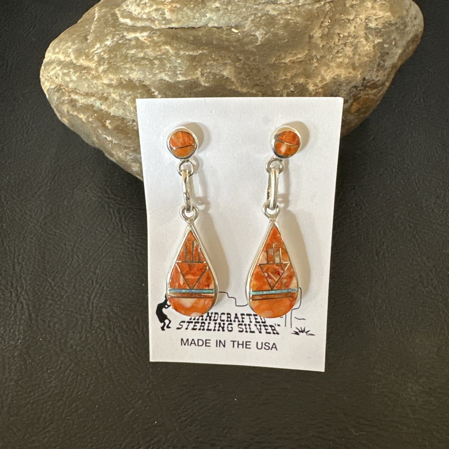 Womens Opal Spiny Oyster Inlay Navajo Sterling Silver Dangle Earrings 19135