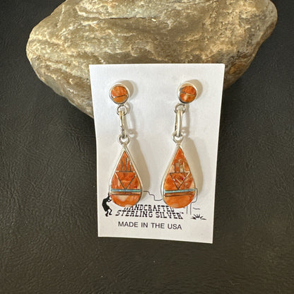 Womens Opal Spiny Oyster Inlay Navajo Sterling Silver Dangle Earrings 19135