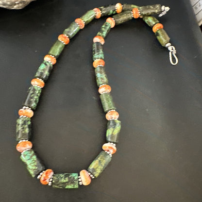 Green Turquoise Spiny Oyster Native Navajo Pearls Sterling Silver Necklace 14985