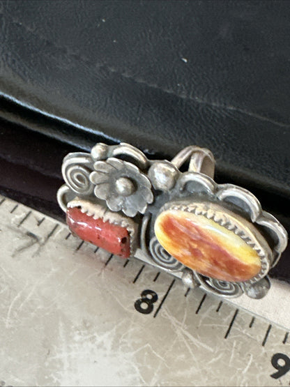 Old Pawn Spiny Oyster Coral Navajo Sterling Silver Cluster Ring Sz 6 19762