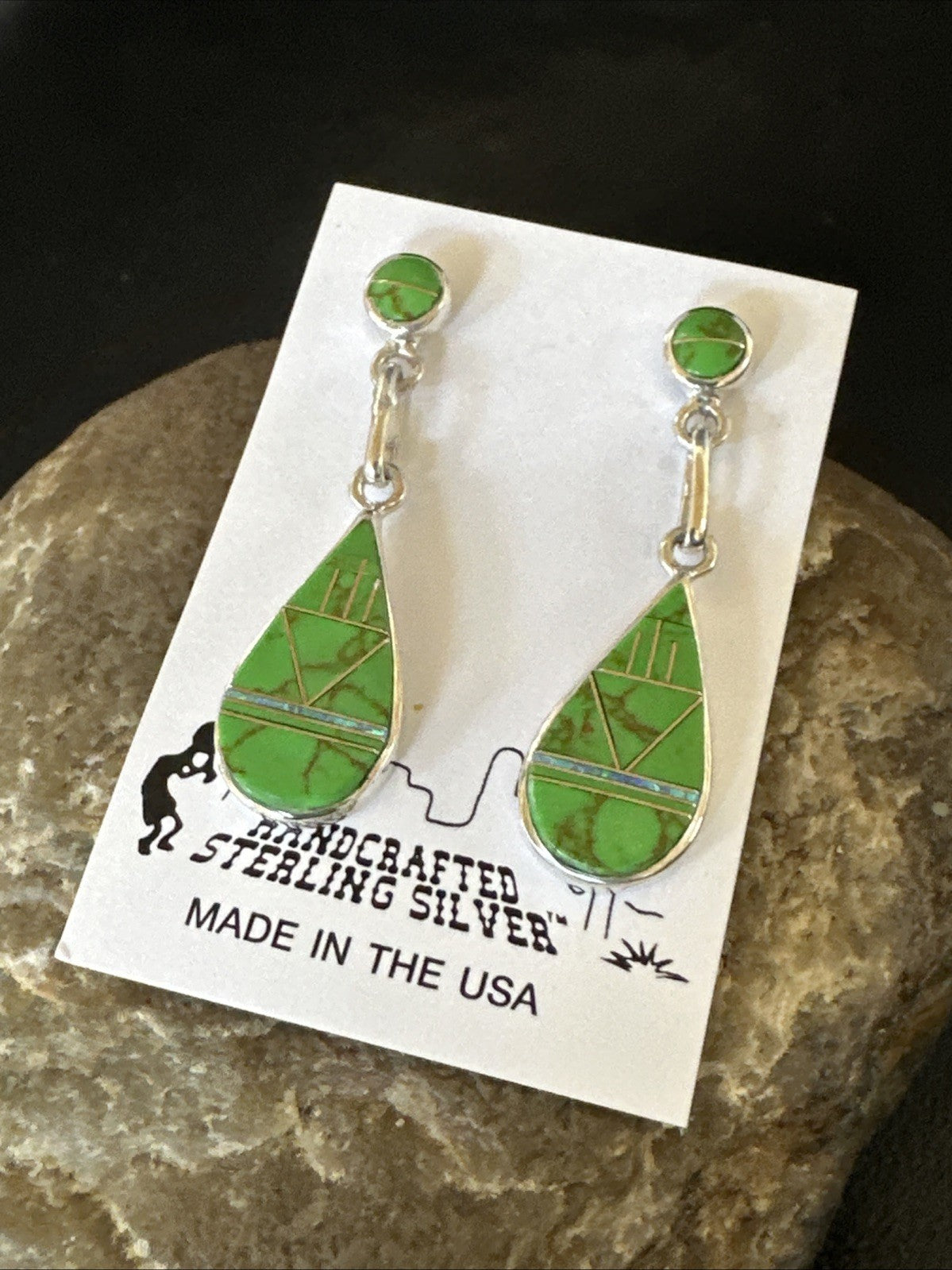 Green Gaspeite Southwestern Sterling Silver Inlay Earrings 1.5" 19154