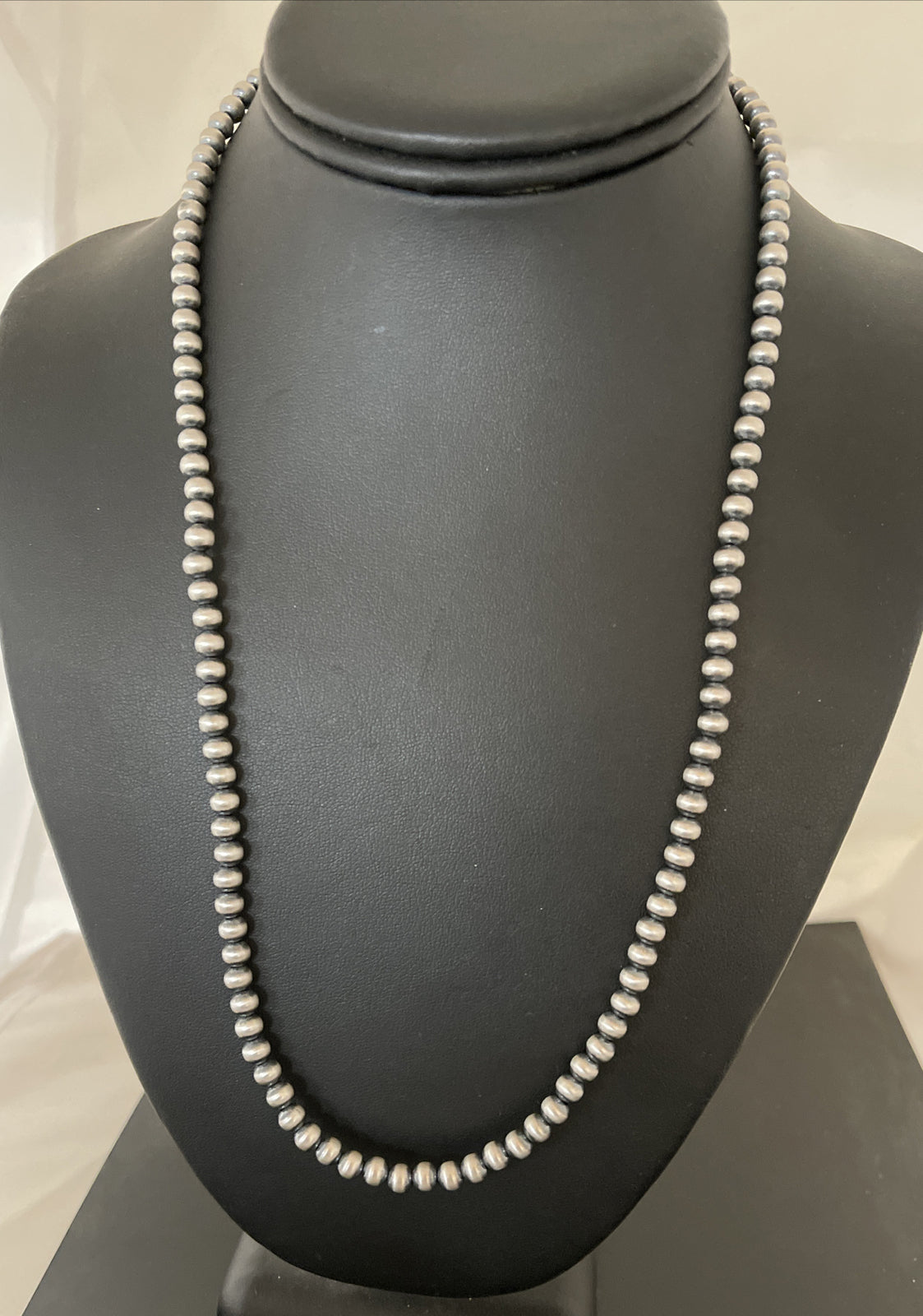 Native American 5mm Sterling Silver Beads Navajo 21" Hook & Eye Cone Necklace