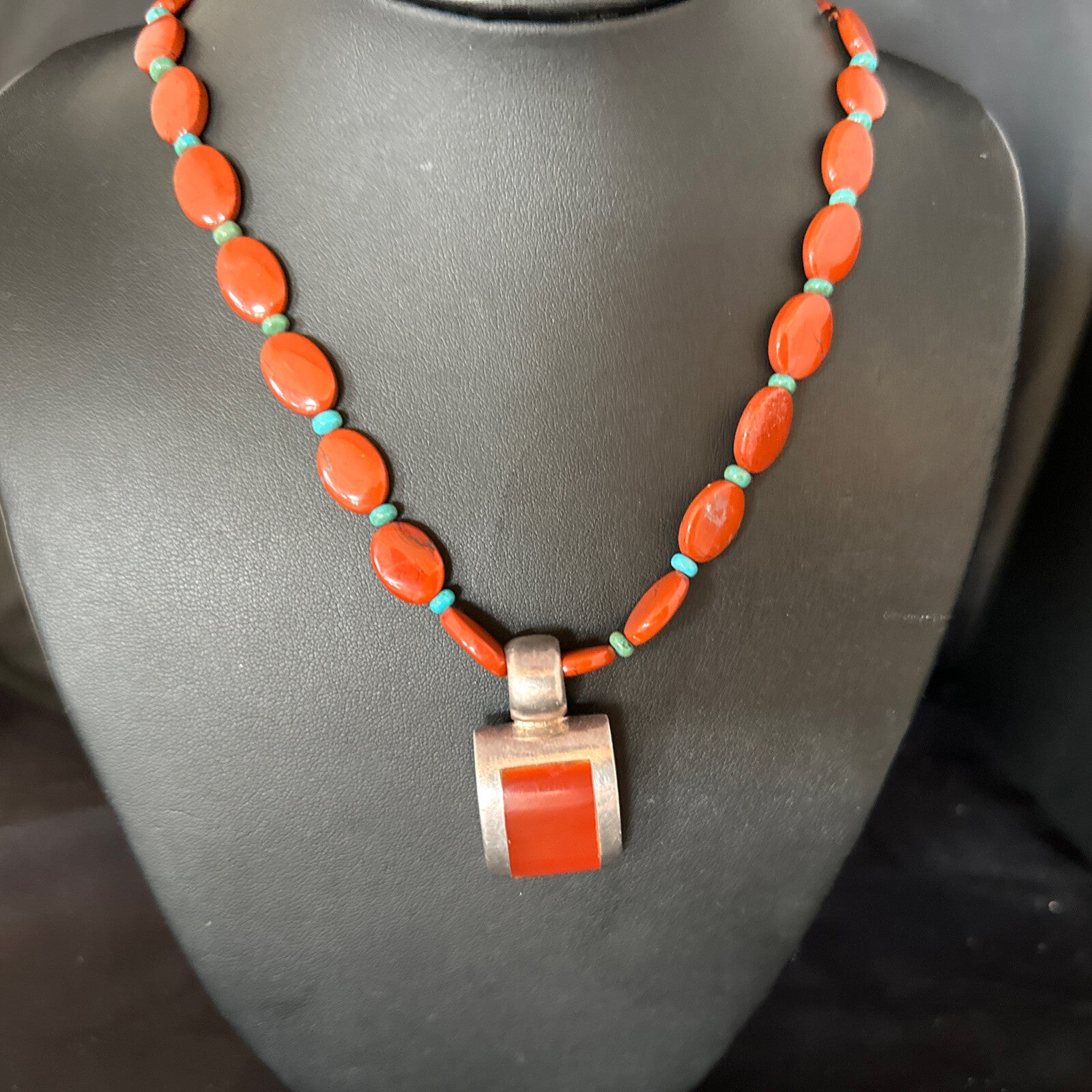 Carnelian Turquoise Navajo Pearls Sterling Silver Necklace Pendant 14375