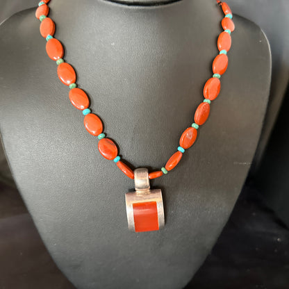 Carnelian Turquoise Navajo Pearls Sterling Silver Necklace Pendant 14375