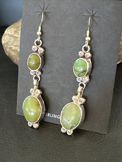 Native Navajo Green Turquoise Sterling Silver Dangle Earrings 2” 17698