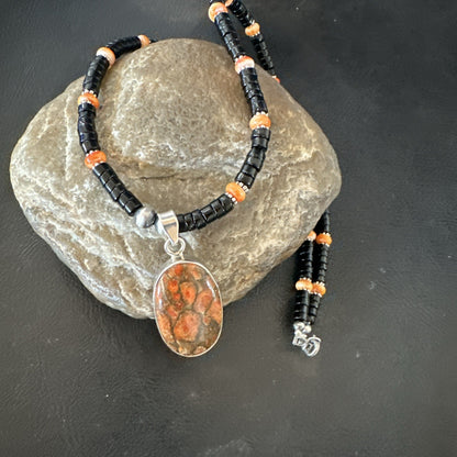 Orange Spiny Black Onyx Navajo Sterling Silver Pendant Necklace 20” 19638