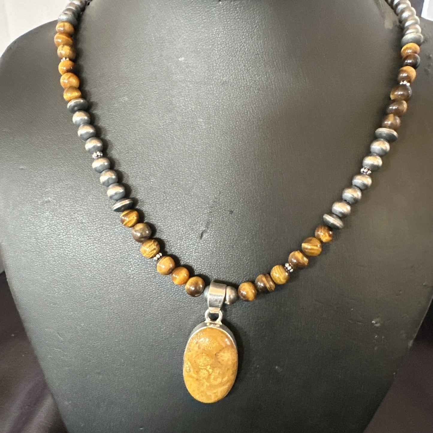 Coffee Brown Tigers Eye Sterling Silver Pendant Necklace Southwestern 18281