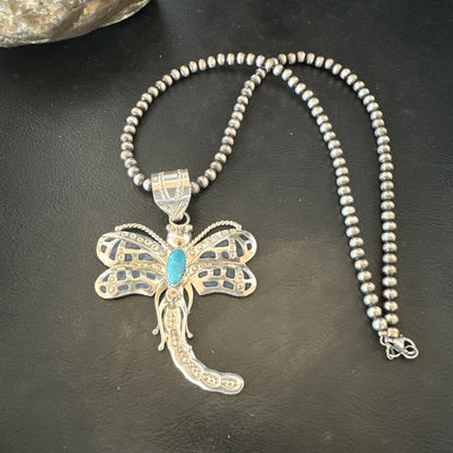 Navajo Dragonfly Blue Turquoise Sterling Silver Necklace Pendant 3" 18579