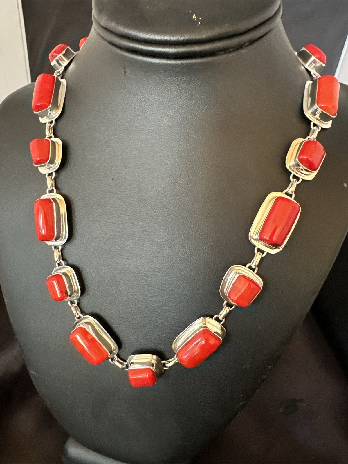 Handmade Women Red Coral Choker Necklace Pendant Sterling Silver 20” 18411
