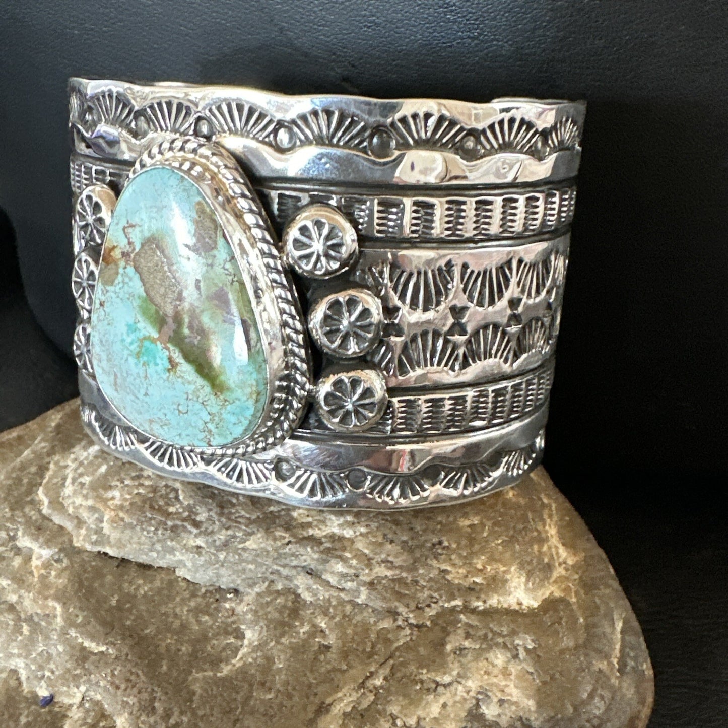 Navajo Women Green Royston Turquoise Stamped Sterling Silver Cuff Bracelet 17947