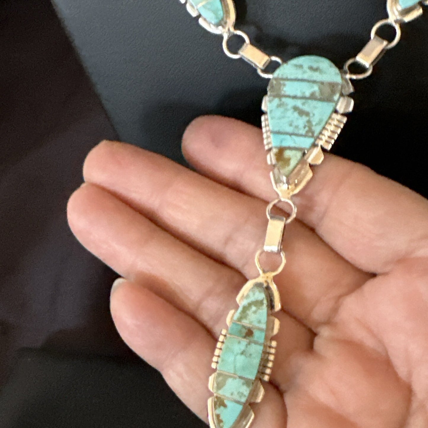 Inlay Blue Turquoise#8 Navajo Sterling Silver Lariat Necklace Earrings 24” 17770
