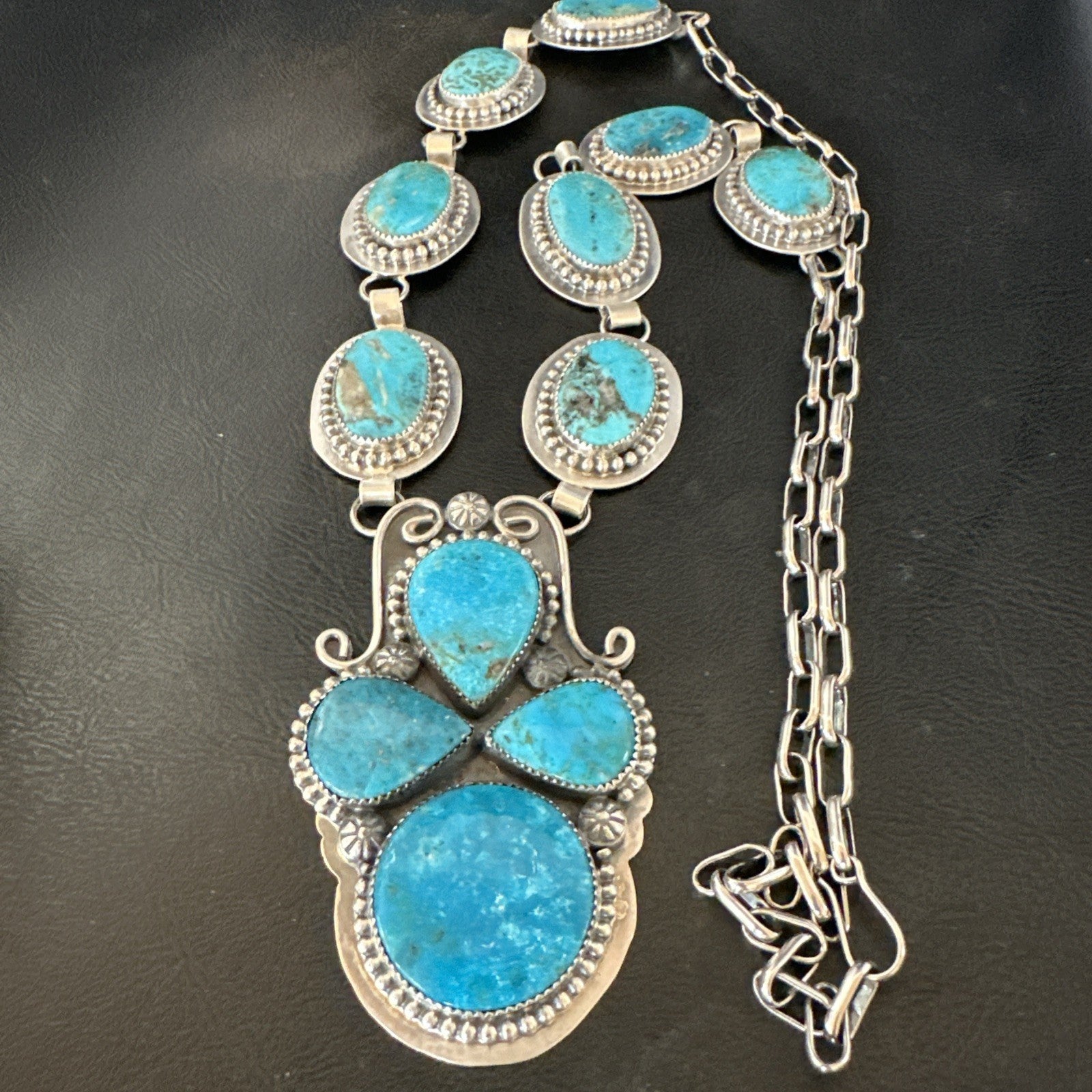 XXL Vintage Kingman Turquoise Navajo Sterling Silver Lariat Necklace 33” 19632