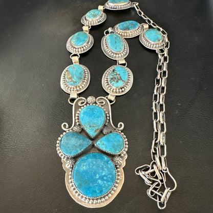 XXL Vintage Kingman Turquoise Navajo Sterling Silver Lariat Necklace 33” 19632