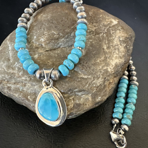 Women's Blue Kingman Turquoise Pendant Navajo Necklace 21" | Sterling Silver | Authentic Native American Handmade | 18415