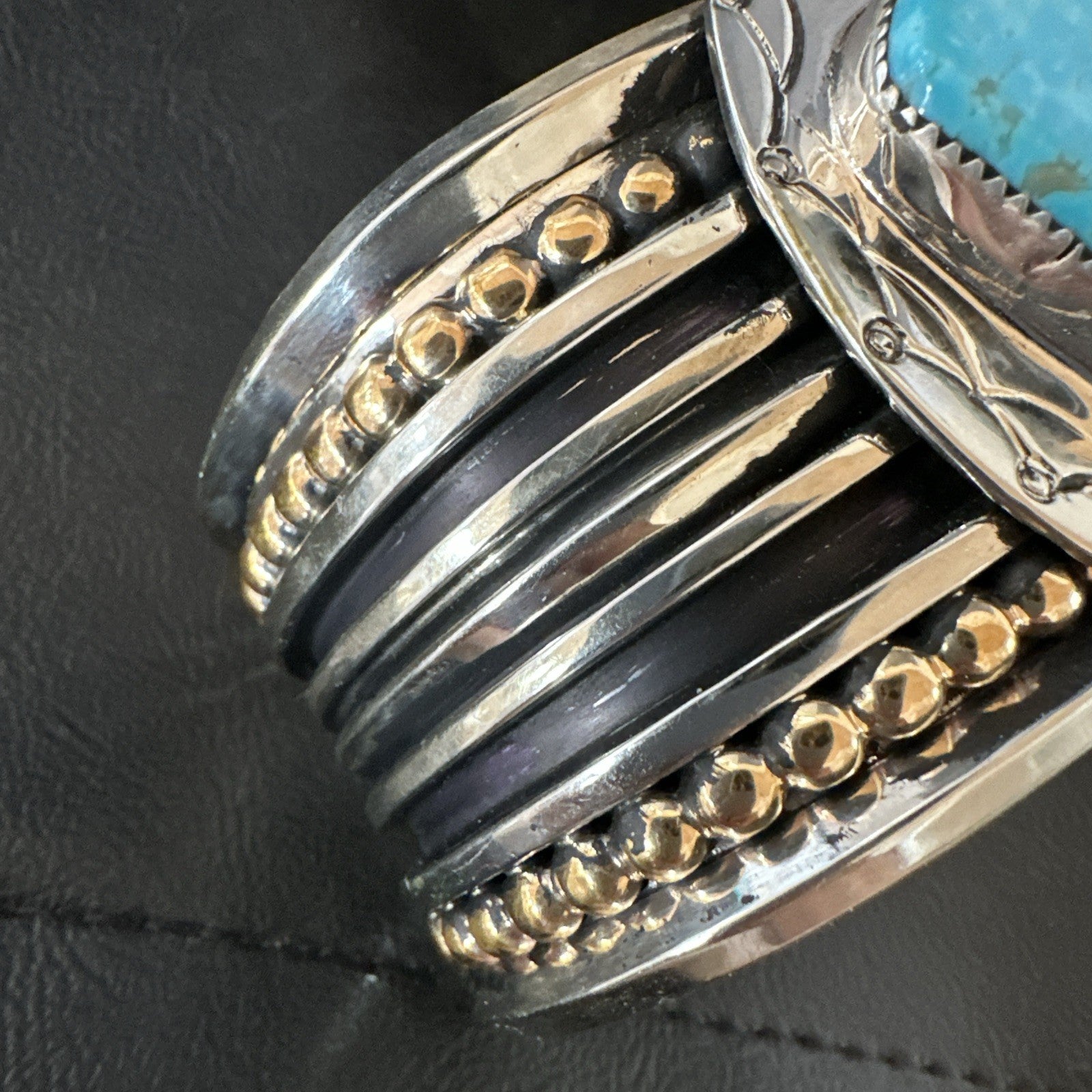 Blue Turquoise Navajo Sterling Silver Cuff Bracelet 12K Gold 19131