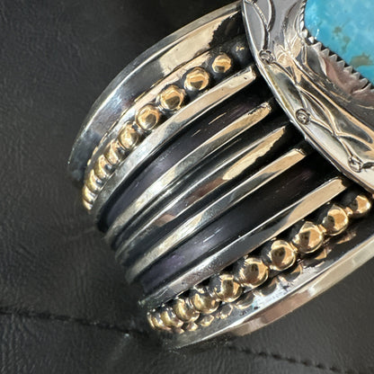 Blue Turquoise Navajo Sterling Silver Cuff Bracelet 12K Gold 19131