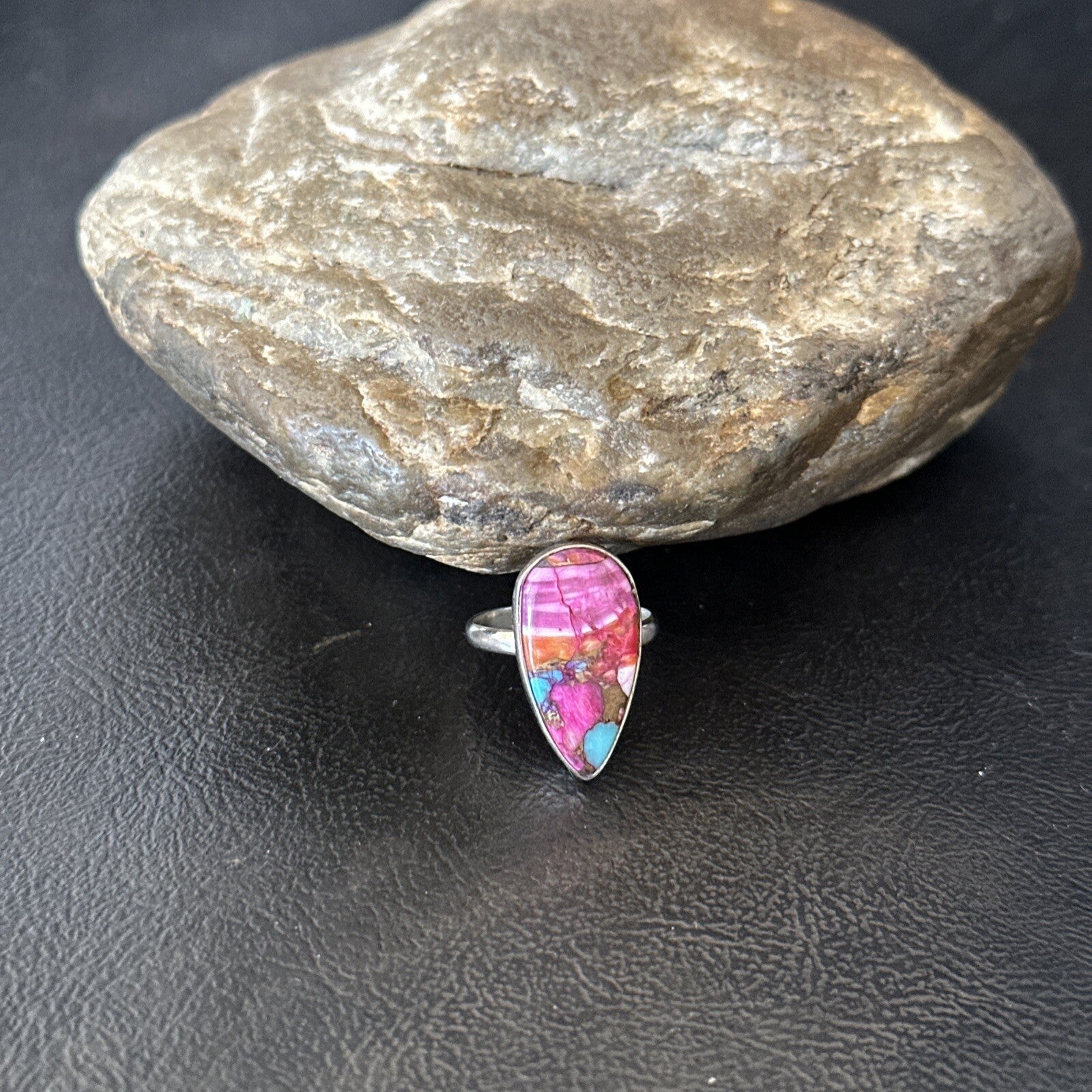 Blue Turquoise Spiny Oyster Southwestern Sterling Silver Ring Size 7 18425