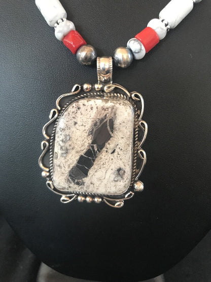 Navajo Pearls Sterling White Buffalo Turquoise Necklace Pendant 08216 XL