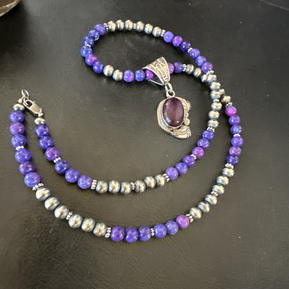 Purple Stone Pendant Navajo Pearls Sterling Silver Necklace 18389