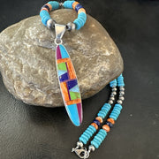 Multicolor Turquoise Spiny Navajo Inlay Pendant Necklace | Sterling Silver | Authentic Native American Handmade | 19653