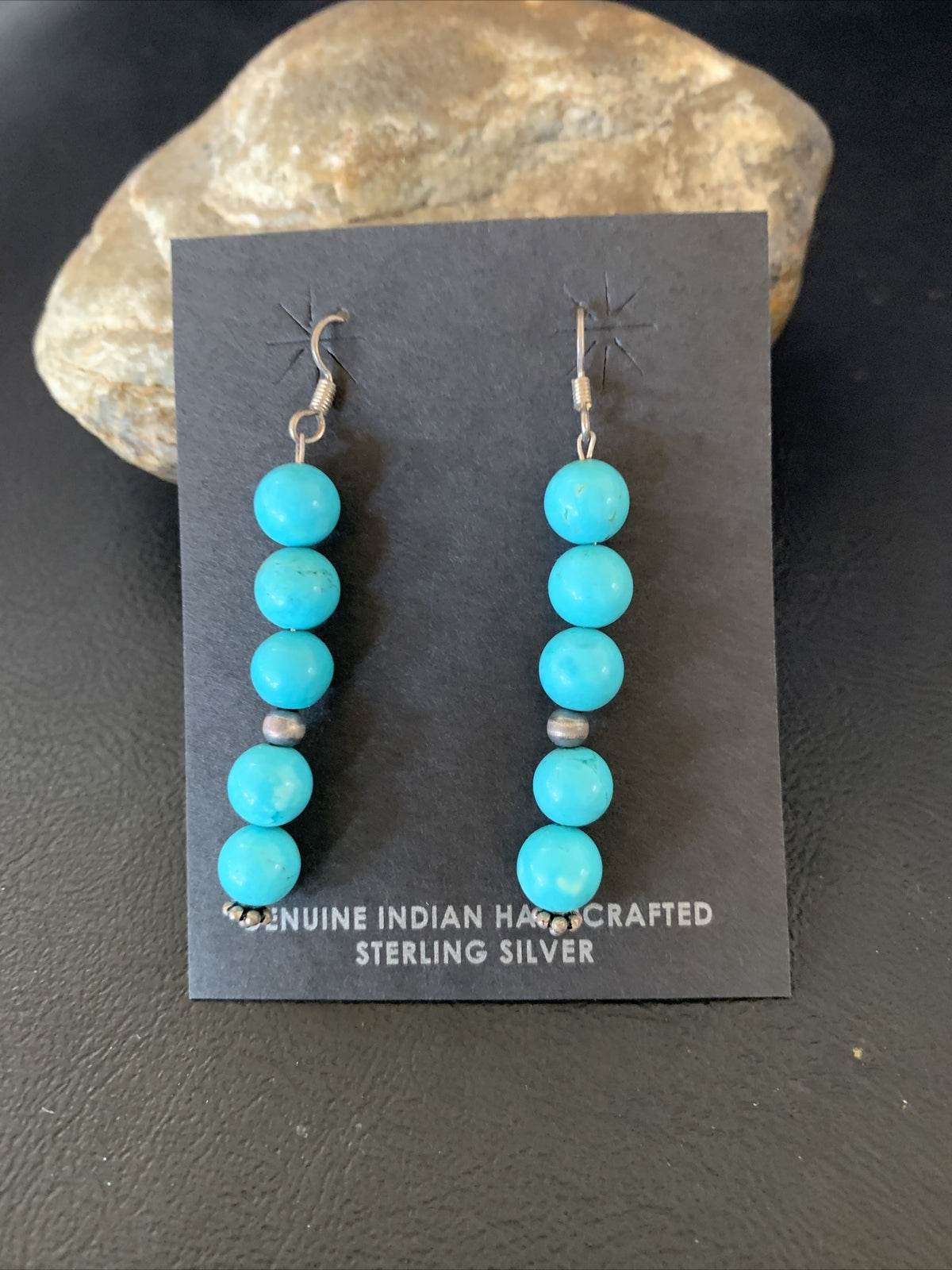 Blue Turquoise Earrings Native American Sterling Silver Bead 2" 13046