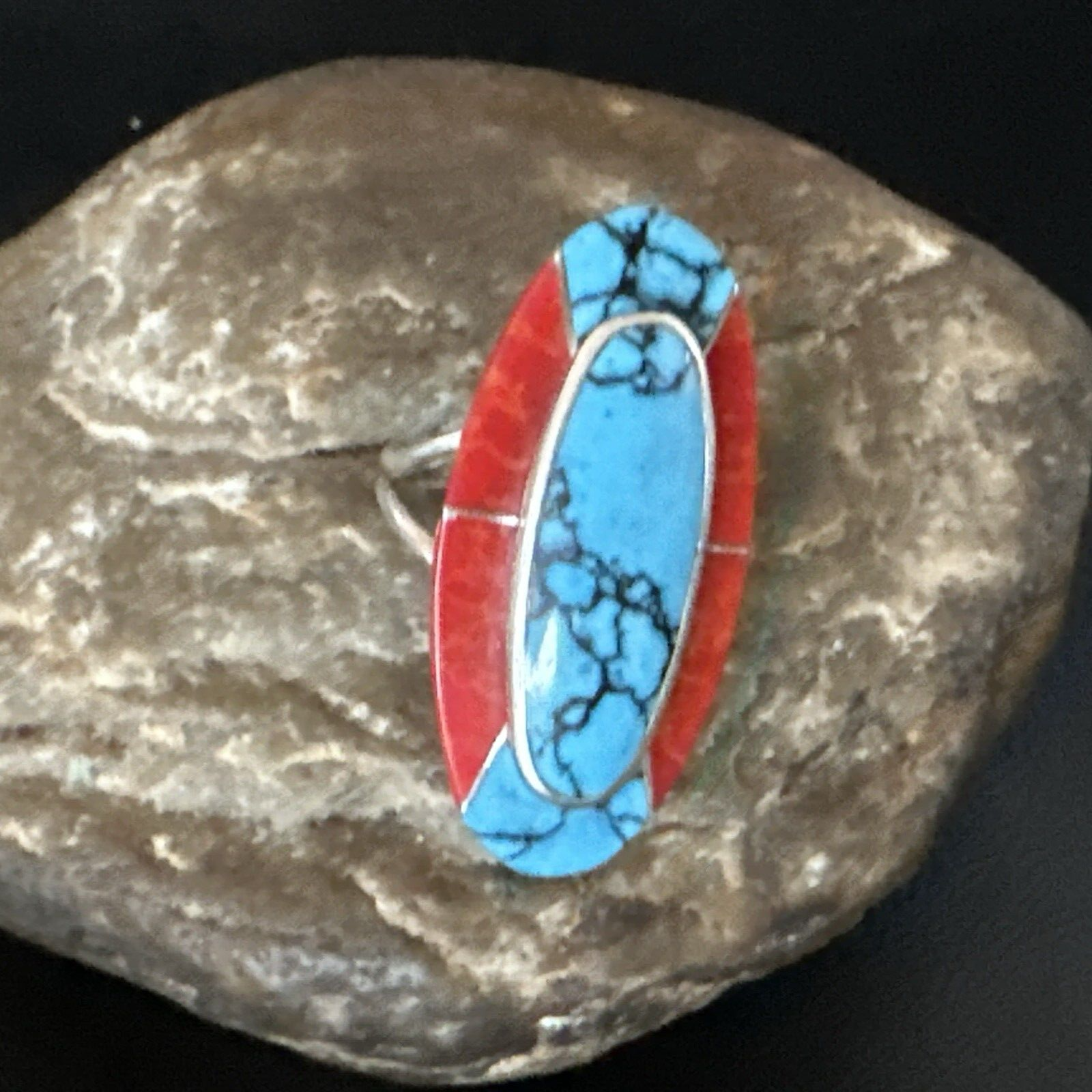 Blue Turquoise Coral Navajo Sterling Silver Ring Size 8.5 18763