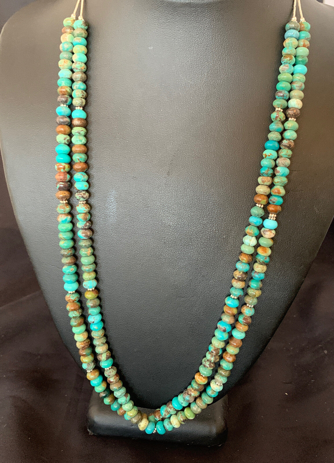 Native Navajo 2 Strands Blue Green Turquoise Sterling Silver Necklace 22" 09473