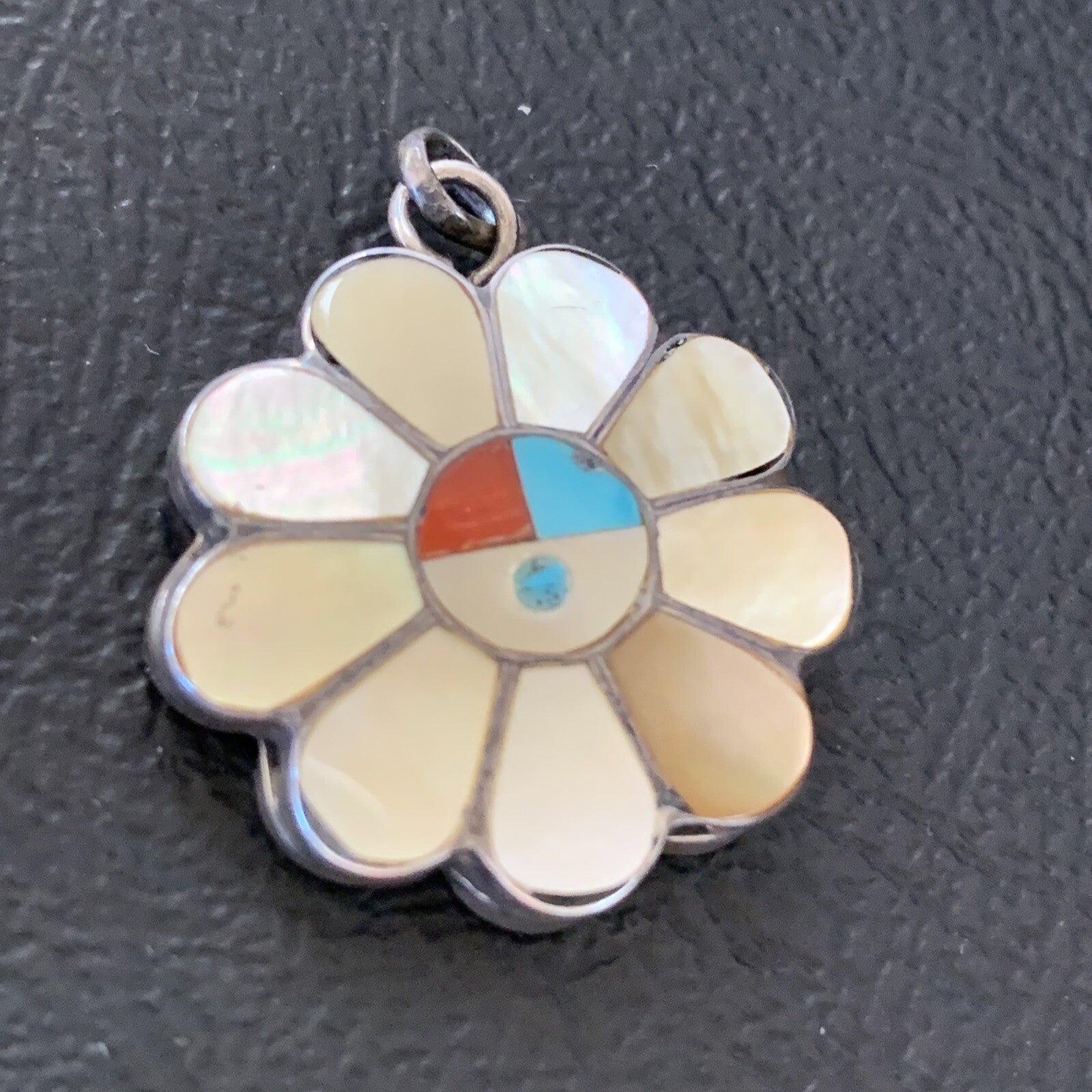 Mother Of Pearl Turquoise Spiny Inlay Zuni Sterling Silver 2 Sided Pendant 1683