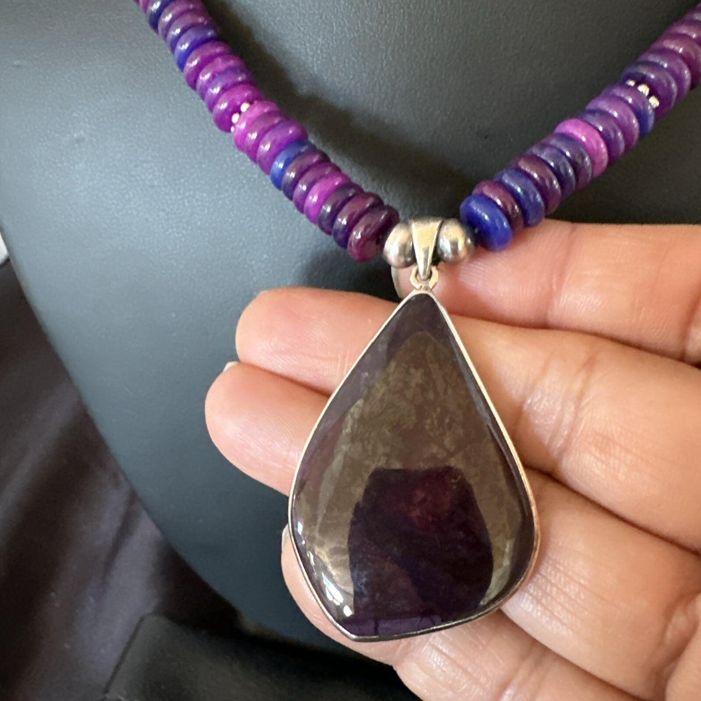 Purple Stone Pendant Navajo Pearls Sterling Silver Necklace 23" 17936