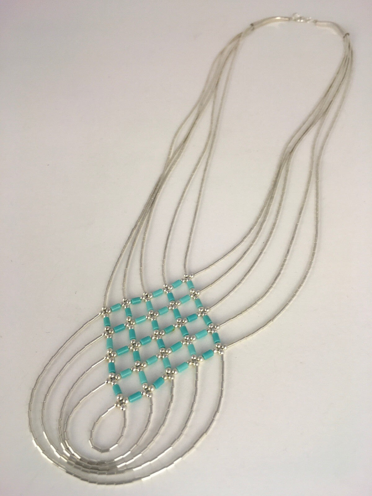 Turquoise Heishi Tubes Pendant 5 Strands Liquid Sterling Silver Necklace 0888