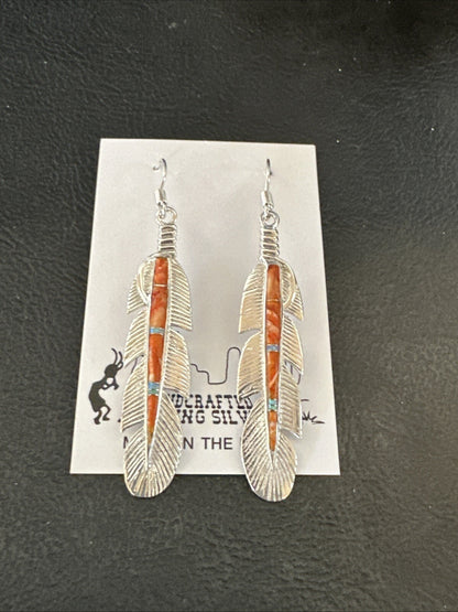 Orange Spiny Oyster Opal Sterling Silver Handmade Inlay Feather Earrings 18695